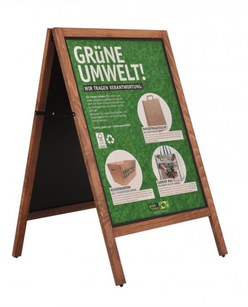 Kundenstopper Holzständer mit schwarzer Metalltafel und Plakatsystem DIN A1