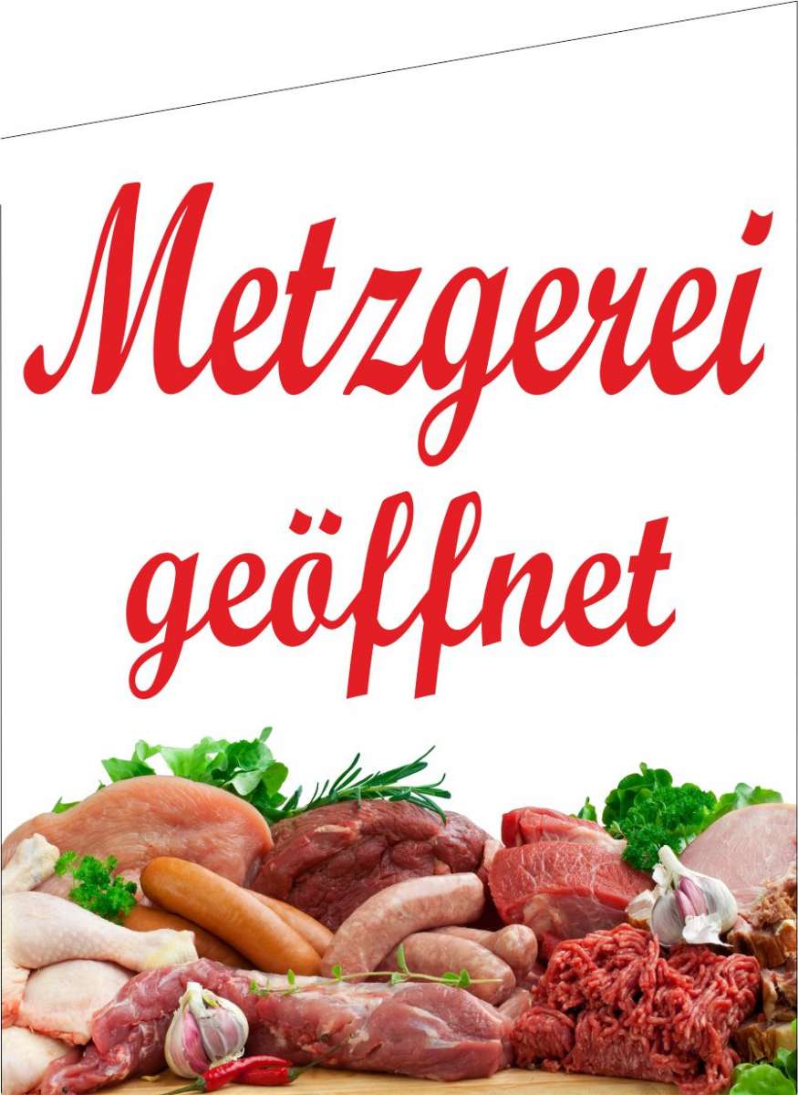 Fleischerei & Metzgerei Münch - Bielefeld Gütersloher Straße Fahne Metzgerei geöffnet | für Fleischereien | Zielgruppe | Kiesel Plakate