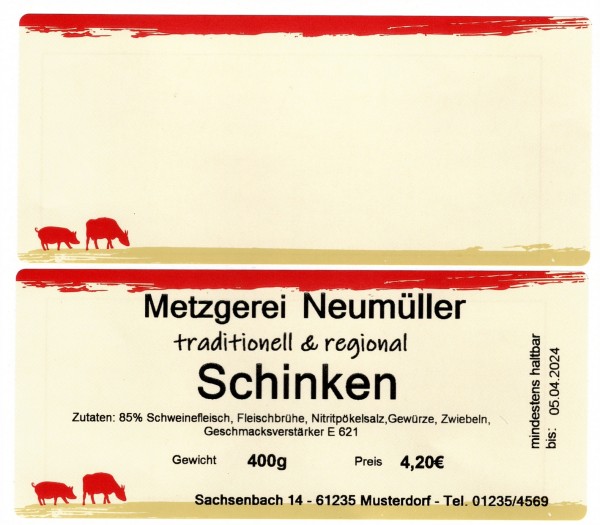 Etiketten Rechteck 115x50mm "Metzgermotiv - Grund Sandfarbend" mit farbigen Rahmen